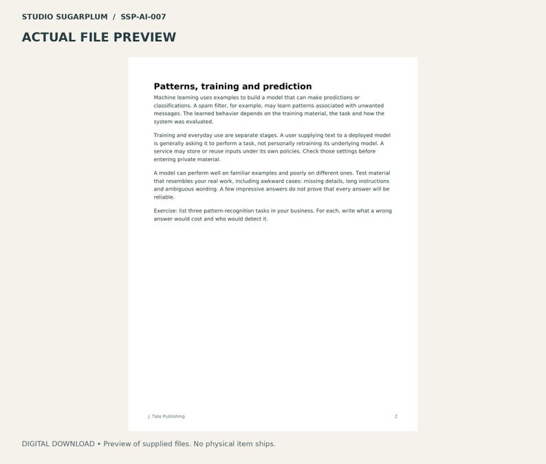 K&ouml;nnte beinhalten: Eine digitale Dokumentenseite mit dem Titel Patterns, training and prediction. Der Text erl&auml;utert Modelle des maschinellen Lernens, Trainingsphasen und die Zuverl&auml;ssigkeit von Tests. Enth&auml;lt eine &Uuml;bung und Seitenzahl 2.
