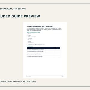 May include: A digital document titled INCLUDED GUIDE PREVIEW from STUDIO SUGARPLUM SSP-BDL-001. The page features the heading 1. Pick a Small Problem, Not a Huge Topic, a list of product formats, and a product test table with five questions.
