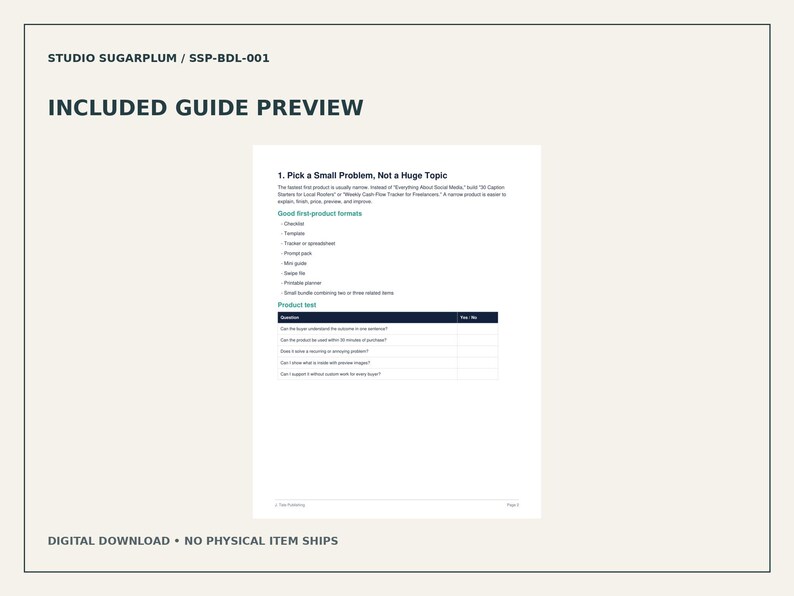 May include: A digital document titled INCLUDED GUIDE PREVIEW from STUDIO SUGARPLUM SSP-BDL-001. The page features the heading 1. Pick a Small Problem, Not a Huge Topic, a list of product formats, and a product test table with five questions.