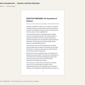 May include: A digital preview of a book page titled STUDIO SUGARPLUM, featuring the text EXECUTIVE FOREWORD: The Asymmetry of Darkness. The page contains paragraphs discussing cybersecurity threats, including scenarios about network attacks and stolen credentials.