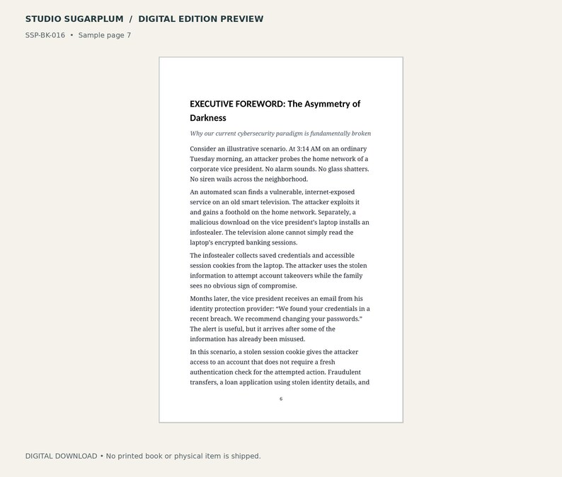 May include: A digital preview of a book page titled STUDIO SUGARPLUM, featuring the text EXECUTIVE FOREWORD: The Asymmetry of Darkness. The page contains paragraphs discussing cybersecurity threats, including scenarios about network attacks and stolen credentials.