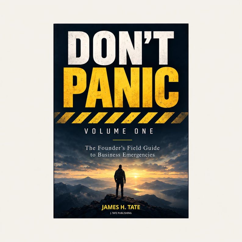 May include: A book cover titled DON'T PANIC VOLUME ONE: The Founder's Field Guide to Business Emergencies by James H. Tate. The design features bold white and yellow text over a dark background with a yellow hazard stripe and a mountain landscape.