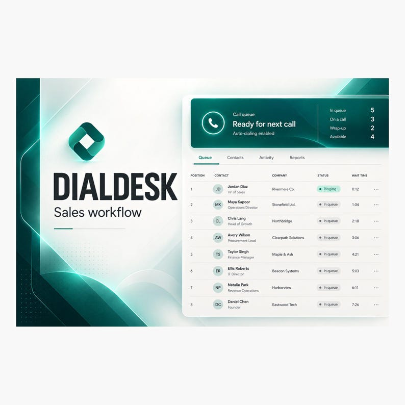 Op de afbeelding: Een digitale interface voor DIALDESK Sales workflow-software met een donkergroenblauwe en witte kleurstelling. Het dashboard toont een wachtrij voor oproepen met statusindicatoren, contactnamen, bedrijfsnamen en wachttijden.