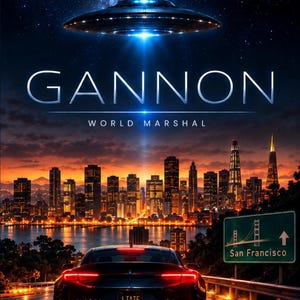 Pode incluir: Um cartaz de filme com um carro escuro numa estrada &agrave; noite e uma placa de San Francisco. Acima, um OVNI brilhante paira sobre o horizonte de uma cidade sob um c&eacute;u estrelado. Texto: THE FATE OF THE WORLD WAS NEVER THE HARD PART. GANNON WORLD MARSHAL J.TATE TATE DIGITAL PUBLISHING.