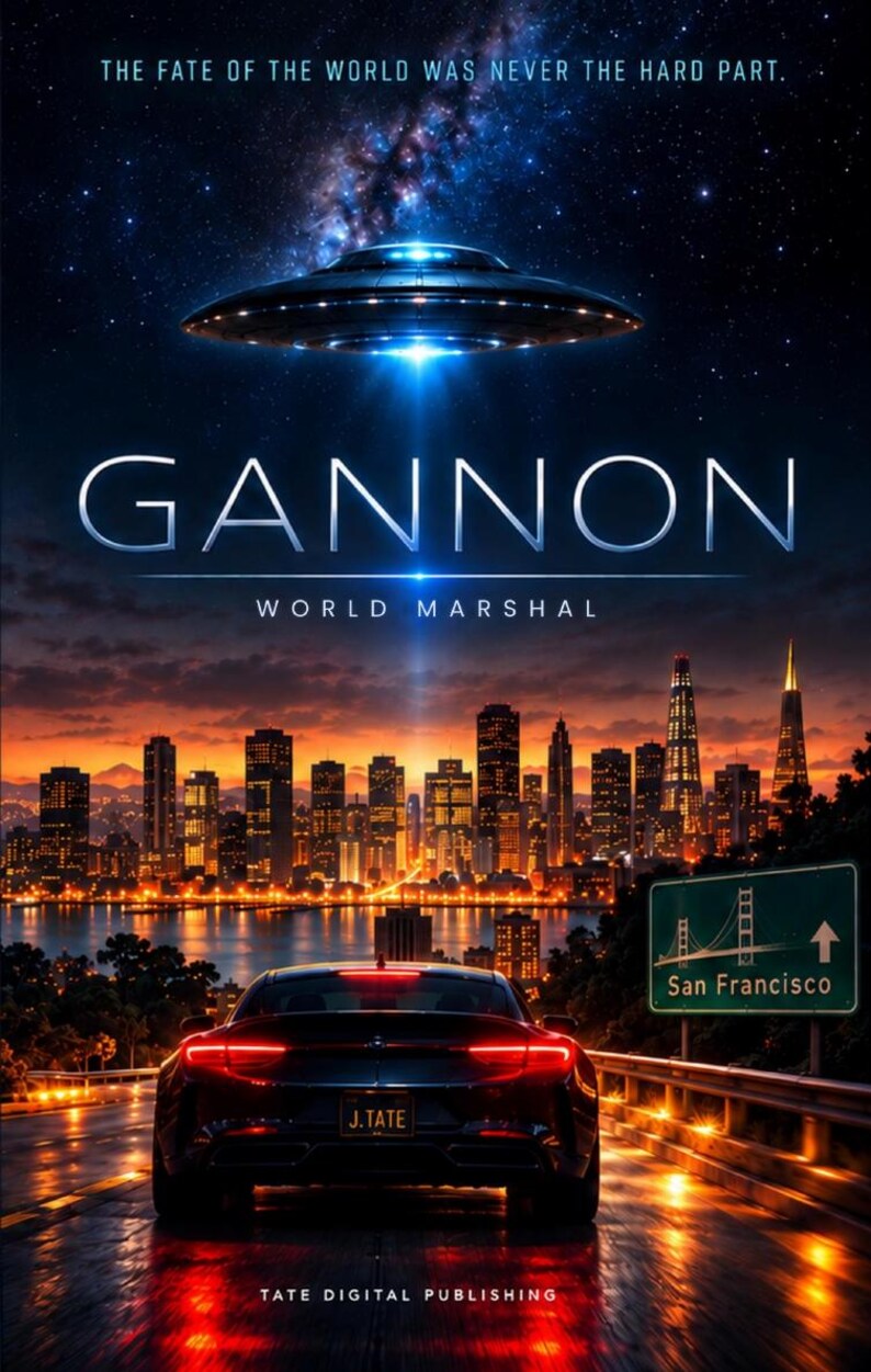 Pode incluir: Um cartaz de filme com um carro escuro numa estrada &agrave; noite e uma placa de San Francisco. Acima, um OVNI brilhante paira sobre o horizonte de uma cidade sob um c&eacute;u estrelado. Texto: THE FATE OF THE WORLD WAS NEVER THE HARD PART. GANNON WORLD MARSHAL J.TATE TATE DIGITAL PUBLISHING.