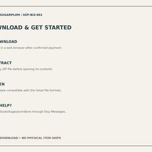 May include: A digital instruction card with a cream background and dark text. It outlines steps for a digital download: 1 / DOWNLOAD, 2 / EXTRACT, 3 / OPEN, and NEED HELP? Contact StudioSugarplumStore through Etsy Messages. DIGITAL DOWNLOAD &bull; NO PHYSICAL ITEM SHIPS.
