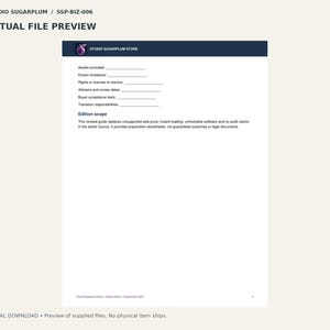 May include: A white document page titled Studio Sugarplum Store with a dark blue header. It contains fields for assets excluded, known limitations, rights, advisers, buyer tests, and transition responsibilities, plus an edition scope paragraph.