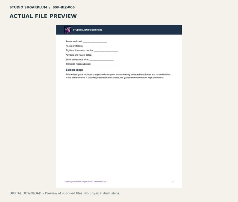 May include: A white document page titled Studio Sugarplum Store with a dark blue header. It contains fields for assets excluded, known limitations, rights, advisers, buyer tests, and transition responsibilities, plus an edition scope paragraph.