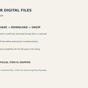 Puede incluir: Un gr&aacute;fico informativo sobre un fondo claro con texto oscuro que dice: YOUR DIGITAL FILES, SSP-LNA-106, PURCHASE &rarr; DOWNLOAD &rarr; UNZIP, After payment is confirmed, download through Etsy in a browser, Extract ZIP files, Use compatible software, NO PHYSICAL ITEM IS SHIPPED, For help, contact the shop through Etsy Messages.