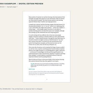 May include: A digital preview page from Studio Sugarplum titled SSP-BK-024, Sample page 7. The text explains machine learning concepts, including how AI systems identify patterns, with a section titled Try this and Quick recap in teal.
