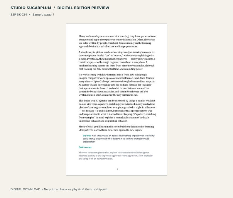 May include: A digital preview page from Studio Sugarplum titled SSP-BK-024, Sample page 7. The text explains machine learning concepts, including how AI systems identify patterns, with a section titled Try this and Quick recap in teal.