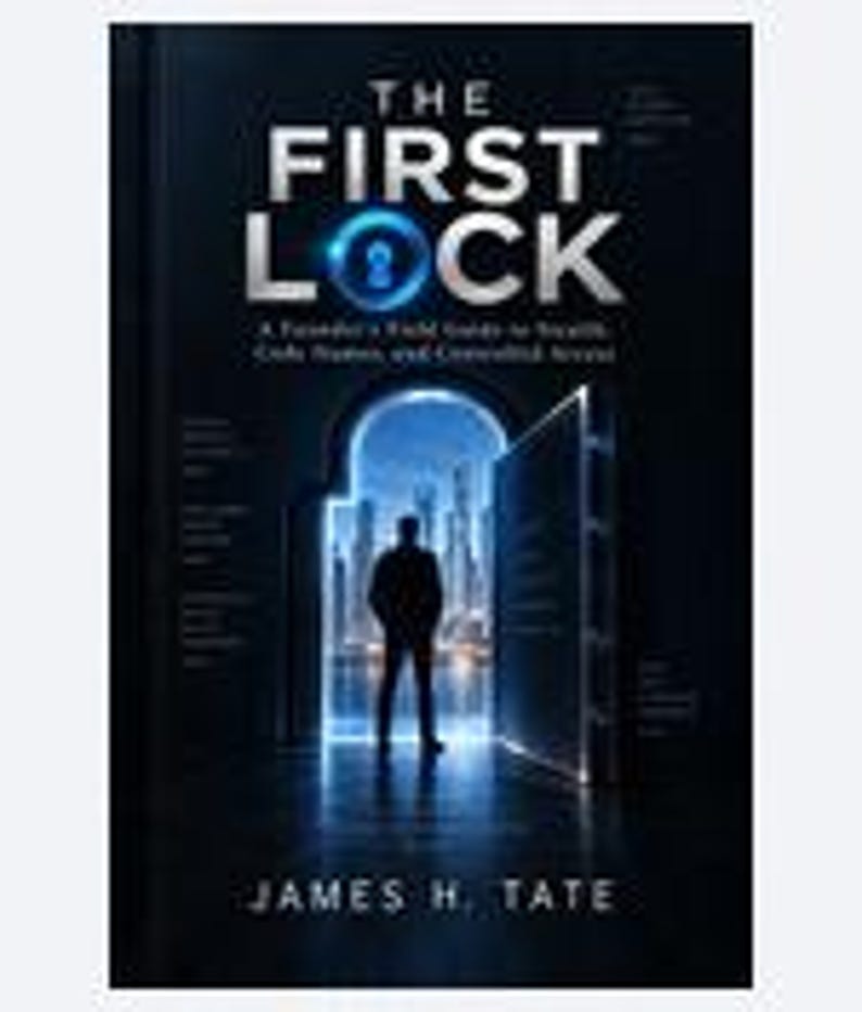 Peut inclure: Un livre intitul&eacute; The First Lock: A Founder's Field Guide to Wealth, Code, Trust, and Controlled Access par James H. Tate. La couverture montre la silhouette d'une personne debout dans une porte regardant une ville la nuit.