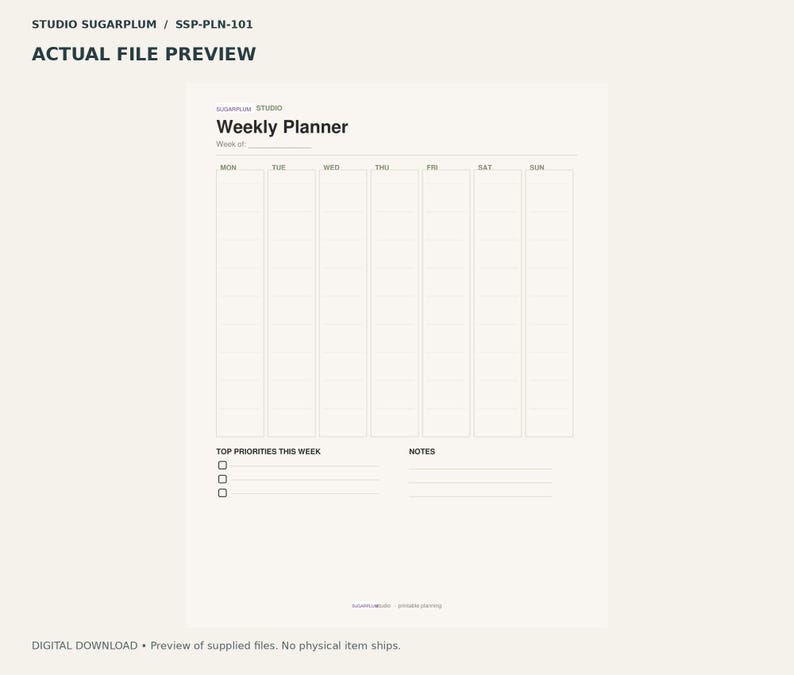 K&ouml;nnte beinhalten: Eine wei&szlig;e Wochenplaner-Seite mit dem Text Studio Sugarplum und SSP-PLN-101 oben. Das Layout enth&auml;lt einen Bereich f&uuml;r die Woche vom, sieben Spalten f&uuml;r die Wochentage, eine Liste Top Priorities This Week und einen Notizbereich.