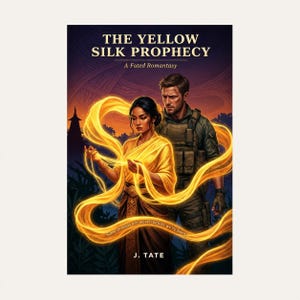 May include: A book cover titled The Yellow Silk Prophecy, A Fated Romantasy by J. Tate. It features a person in traditional gold attire and a person in tactical gear, surrounded by glowing yellow silk ribbons against a dark, silhouetted landscape.