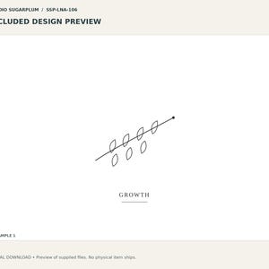 Puede incluir: Una vista previa de dise&ntilde;o digital que presenta un dibujo lineal negro minimalista de un tallo diagonal con seis hojas ovaladas peque&ntilde;as y un punto en la punta. Debajo del gr&aacute;fico, la palabra GROWTH est&aacute; impresa en letras may&uacute;sculas negras con una l&iacute;nea.