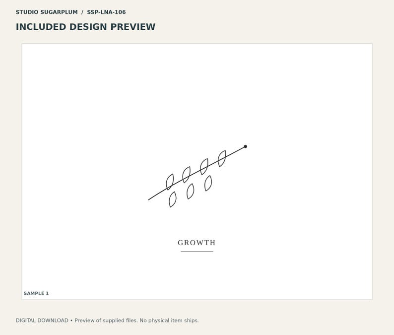 Puede incluir: Una vista previa de dise&ntilde;o digital que presenta un dibujo lineal negro minimalista de un tallo diagonal con seis hojas ovaladas peque&ntilde;as y un punto en la punta. Debajo del gr&aacute;fico, la palabra GROWTH est&aacute; impresa en letras may&uacute;sculas negras con una l&iacute;nea.
