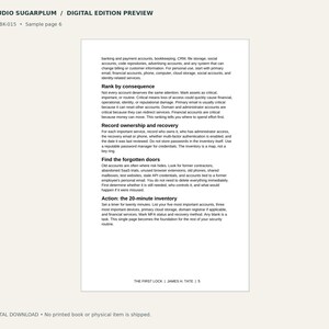 Peut inclure: Une page de document num&eacute;rique intitul&eacute;e Studio Sugarplum Digital Edition Preview SSP-BK-015 Sample page 6. Le texte fournit des conseils de s&eacute;curit&eacute; sur le classement des comptes, la gestion des acc&egrave;s et un inventaire de 20 minutes.