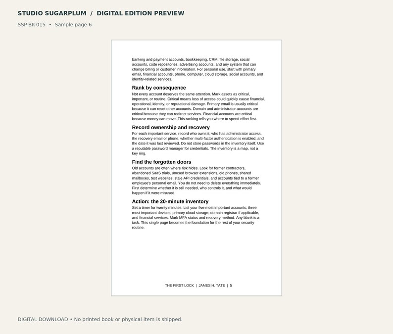 Peut inclure: Une page de document num&eacute;rique intitul&eacute;e Studio Sugarplum Digital Edition Preview SSP-BK-015 Sample page 6. Le texte fournit des conseils de s&eacute;curit&eacute; sur le classement des comptes, la gestion des acc&egrave;s et un inventaire de 20 minutes.