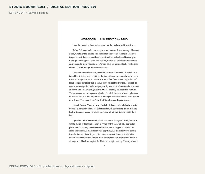 May include: A digital book sample page titled Studio Sugarplum, featuring the text Prologue - The Drowned King. The page contains several paragraphs of black printed text on a white background, with the page number 4 at the bottom center.