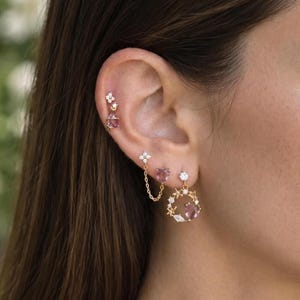 18K Gold Filled Cartilage Piercing Jewelry • Pink Heart Crystal Chain Stud Earrings Set • Dainty Planet Star Earrings • Gift