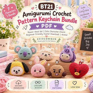 Könnte beinhalten: Ein digitales PDF-Paket mit sieben Amigurumi-Häkelanleitungen für Schlüsselanhänger mit BT21-Charakteren. Das Bild zeigt sieben kleine, bunte, gehäkelte Tierfiguren mit Metallkarabinerhaken, darunter ein Koala, ein Hase und ein Herz.