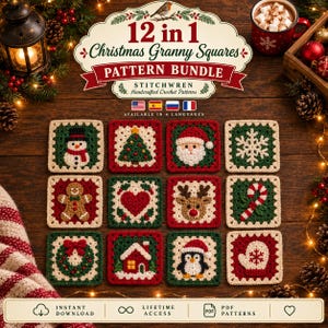 May include: A digital pattern bundle titled 12 in 1 Christmas Granny Squares Pattern Bundle by Stitchwren featuring twelve crocheted squares with holiday motifs including a snowman, tree, Santa, snowflake, gingerbread man, heart, reindeer, candy cane, wreath, house, penguin, and mitten.