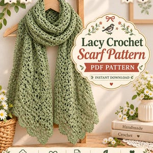 May include: A sage green lacy crochet scarf with a scalloped edge hanging on a wooden hanger. A decorative label features the text "Lacy Crochet Scarf Pattern" with a bird illustration, and a bottom banner displays "Instant Download" and "PDF Pattern".