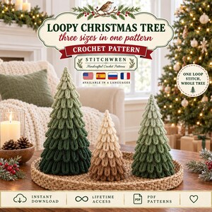 Loopy Christmas Tree Crochet Pattern PDF, 3 Sizes Loop Stitch Christmas Tree Tutorial, Easy Holiday Tabletop Decor, Mantel Centerpiece Gift