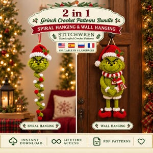 Christmas Grinch Snowman Wall Hanging Pattern Bundle PDF | 2 Spiral Ornament Amigurumi | Door Decor | Winter Holiday Santa Tutorial