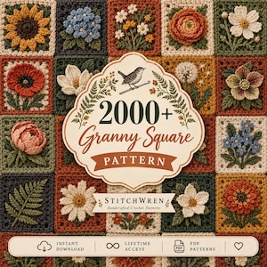 May include: A collection of crochet granny square patterns featuring various floral designs in a grid layout. A central label displays the text 2000+ Granny Square PATTERN, STITCHWREN Handcrafted Crochet Patterns, and icons for instant download.