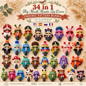 May include: A 34-in-1 crochet pattern bundle for Big Mouth Monster key covers. The image displays various colorful, crocheted monster-shaped key pouches, each holding a black car key. Text includes 34 in 1 Big Mouth Monster Key Covers.