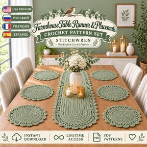 May include: A sage green crochet table runner and six matching round placemats with scalloped edges. The set is displayed on a wooden table with a white vase of flowers. Text reads: Farmhouse Table Runner & Placemats, CROCHET PATTERN SET, STITCHWREN.