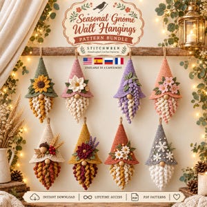 May include: A digital pattern bundle for eight crocheted gnome wall hangings, featuring text that reads Seasonal Gnome Wall Hangings Pattern Bundle and Stitchwren. Each gnome has a unique hat decorated with flowers, leaves, or snowflakes.