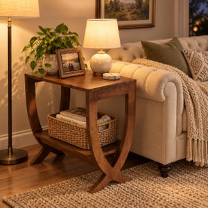 May include: A brown wooden side table with a curved, X-shaped base and a lower shelf. The table holds a potted green plant, a small framed photograph, a table lamp with a beige shade, and a woven basket containing a book titled The Kinfolk Home.