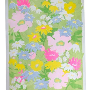 May include: A rectangular art print featuring a vibrant floral pattern on a light green background. The illustration displays stylized flowers in shades of bright pink, soft pink, yellow, white, and periwinkle blue, with green foliage.