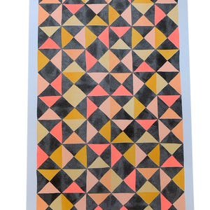 May include: A rectangular print featuring a repeating geometric pattern of triangles. The design consists of a grid of squares, each divided into two triangles, colored in shades of charcoal gray, mustard yellow, peach, and neon coral.