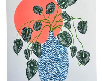 Risographie-Druck – Philodendron Sun 8,5 x 11 Zoll