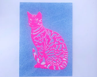 Risograph Print - Glowing Pink Cat 5x7"