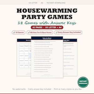 May include: A digital collection of 42 pages of housewarming party games, including 18 games with answer keys. The document features text titled Housewarming Party Games, Parts of a House, and Scavenger Hunt, formatted for US Letter and A4 paper sizes.