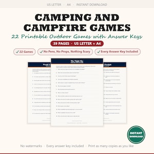 Pode incluir: Uma coleção digital de 22 jogos de acampamento e fogueira imprimíveis em 39 páginas. O documento apresenta texto preto em papel branco, incluindo gabaritos. O cabeçalho diz Camping and Campfire Games, 22 Printable Outdoor Games with Answer Keys, 39 Pages, US Letter + A4, com marcas de verificação para sem canetas, sem adereços e nada assustador.