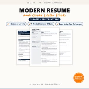 Modern Resume Template Pack Printable PDF, 4 Resume Layouts with Cover Letter and References, Worked Examples, 39 Pages