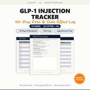 May include: A digital GLP-1 injection tracker log with 19 pages in US Letter and A4 formats. The document includes a 90-day dose and side effect log, injection site rotation guide, symptom tracker, and appointment preparation pages with text.