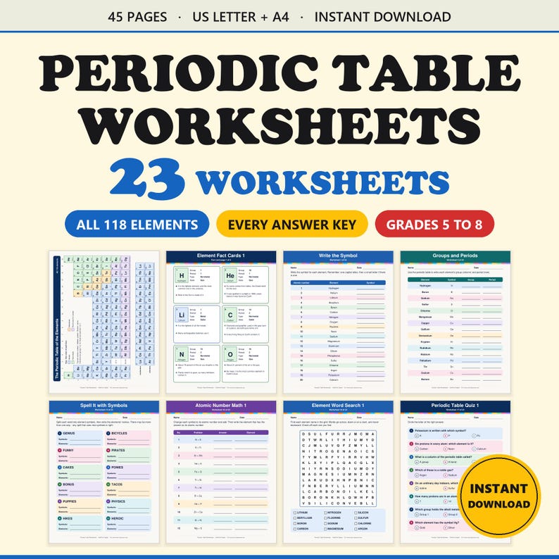 Periodic Table Worksheets for Grades 5 to 8, 23 Worksheets With Answer ...