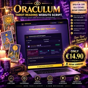 May include: A laptop displaying the Oraculum tarot reading website script, surrounded by tarot cards, candles, and purple crystals. The screen shows input fields for name, birth date, and zodiac sign, with text in Italian and gold accents.