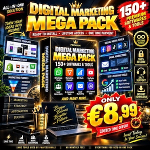 May include: A digital marketing mega pack software bundle featuring 150 plus tools, website templates, and marketing funnels. The display includes a laptop, a gold cup with pens, and promotional text highlighting lifetime access and a price of 8.99 euros.