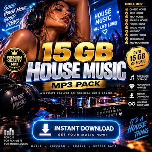 Peut inclure: Une publicité pour une collection de musique numérique avec le texte 15 GB HOUSE MUSIC MP3 PACK. L'image montre une personne portant un casque, une table de mixage DJ et une liste de sous-genres house. Elle met en avant des fichiers MP3 de qualité supérieure et un bouton de téléchargement instantané avec des accents néon bleus sur un fond de club sombre.