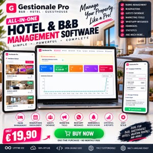 Pode incluir: Software de gestão hoteleira Gestionale Pro exibido num portátil, tablet e smartphone. Os ecrãs mostram painéis com gestão de quartos, dados de reservas, ferramentas de marketing e bases de dados de hóspedes por 19,90 euros.