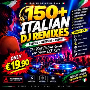 Könnte beinhalten: Ein digitales Musikpaket mit dem Titel 150+ Italian DJ Remixes, das eine Grafik eines DJ-Pults, Kopfhörer und eine Menschenmenge zeigt. Der Text enthält Extended-, Redrum- und Remix-Versionen sowie Symbole für DJ-Sets, Clubs und Hochzeiten.
