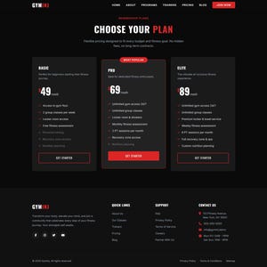 May include: A dark-themed website interface for GymInj featuring three membership tiers labelled Basic, Pro, and Elite. The layout displays pricing at $49, $69, and $89 per month with red accent buttons and text lists detailing gym access and services.
