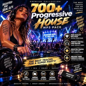 Puede incluir: Una colección de música digital titulada 700+ Progressive House MP3 Pack que muestra a un DJ en una consola de mezclas. El gráfico incluye texto como Selected for Real DJ's, Music Makes a Better World y una memoria USB negra etiquetada Progressive House.